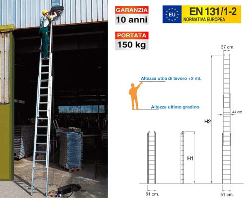 Scala a sfilo in tre tronchi in alluminio